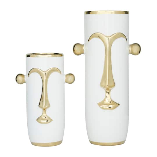 Set of 2" White Stoneware Modern Vase 16", 11"